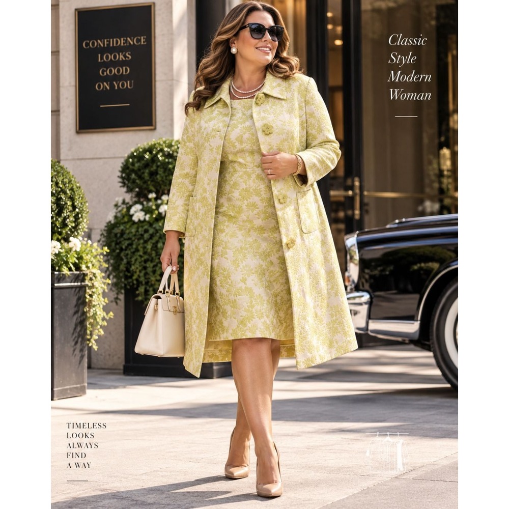 Vintage Inspired Floral Jacquard Dress Coat Set 2 Piece Jackie O Retro Mod